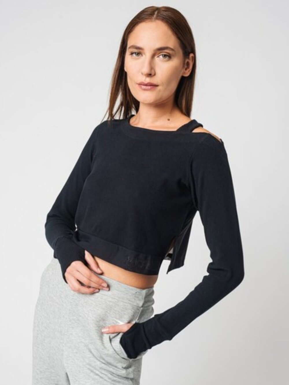 Gymshark Black One-Shoulder Cropped Long-Sleeve Workout Top Sheer Thumbholes XL